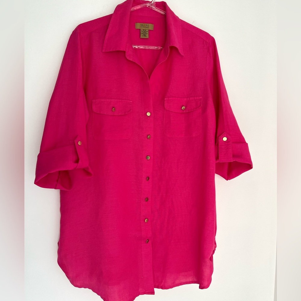 Valerie Stevens bright pink magenta linen blend roll tab sleeve button up shirt